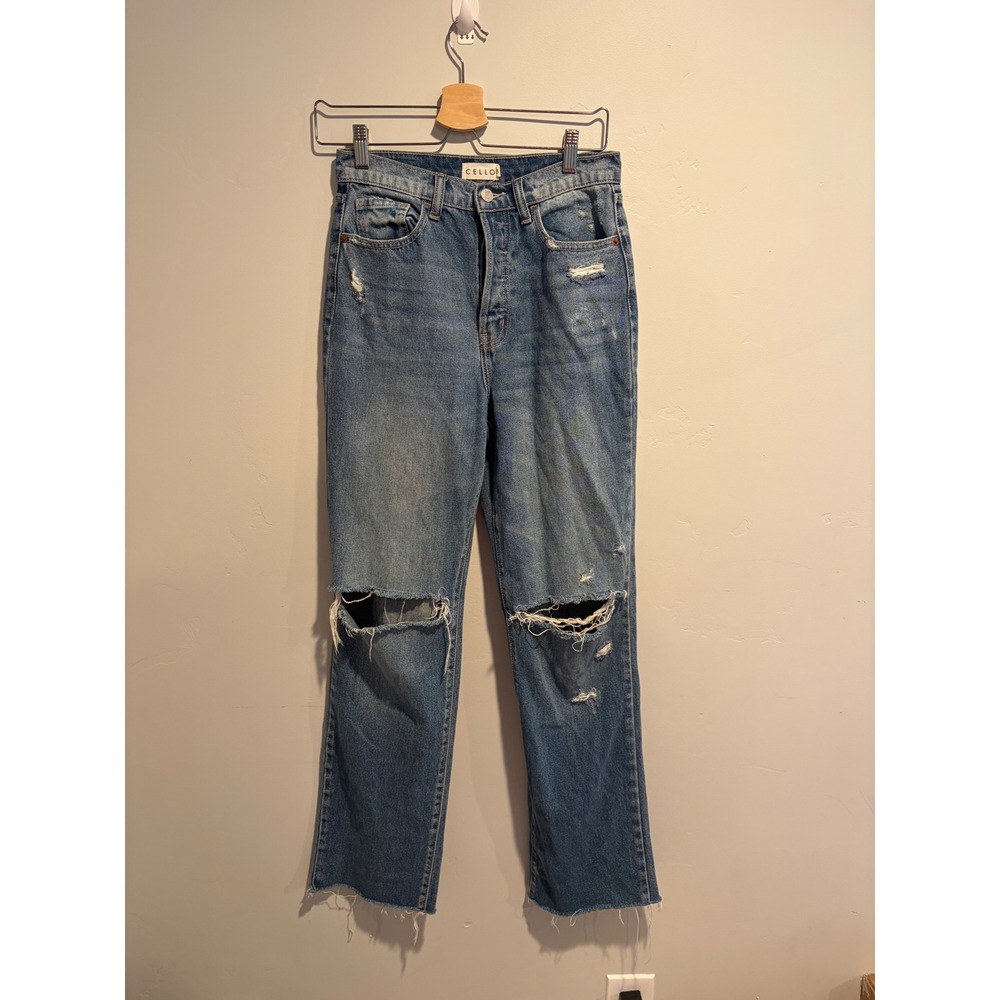 Cello Womens Distressed High Rise Straight Leg Jeans Medium Wash Size 3 Rigid